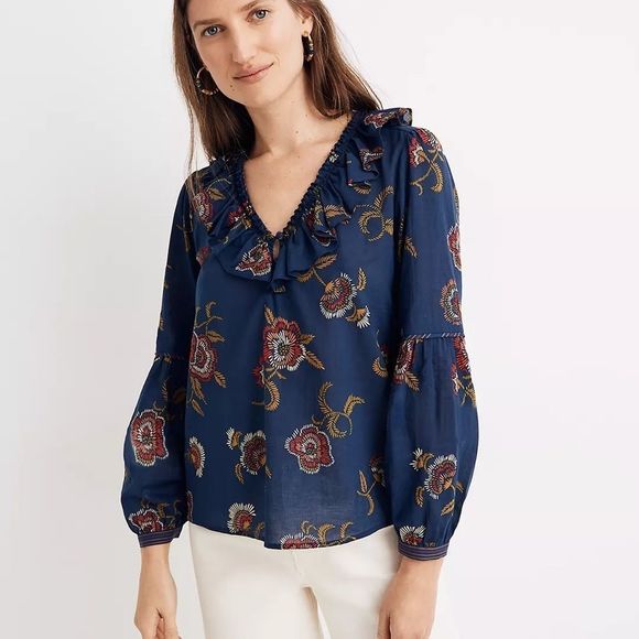 Madewell Tops - Madewell x Navy Blue Warm Ruffle-Collar Top in Honolulu Hibiscus